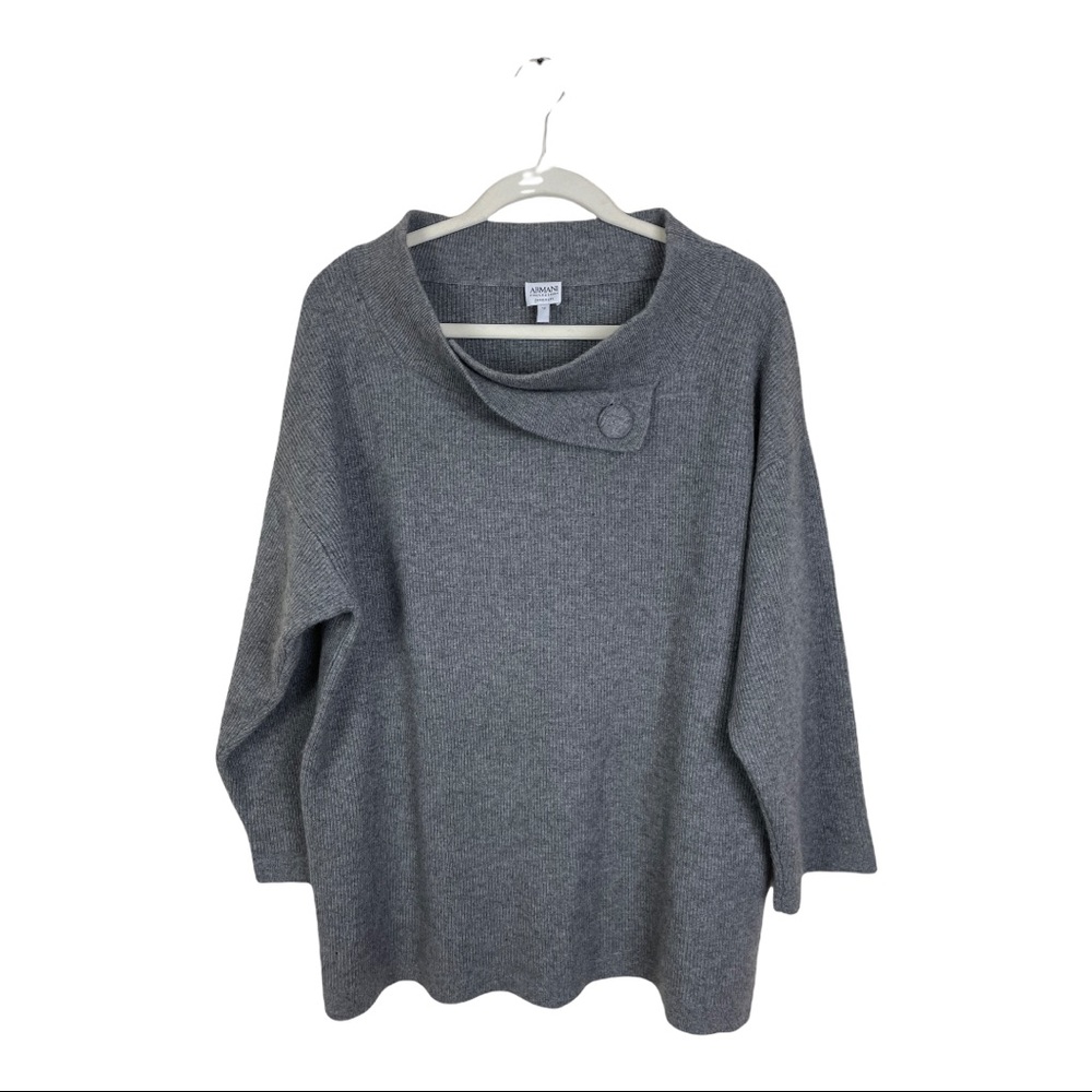 Armani Collezioni Size 12 Grey 100% Cashmere Cowl Neck Button Collar Sweater